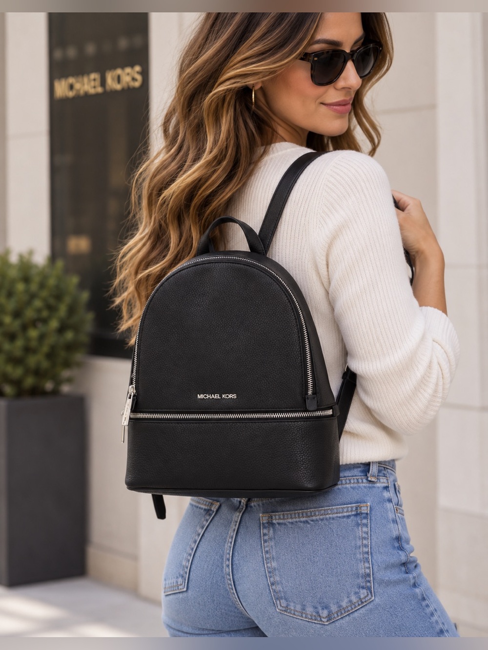 Michael Kors Black Pebble Leather Backpack with Silver Hardware‎